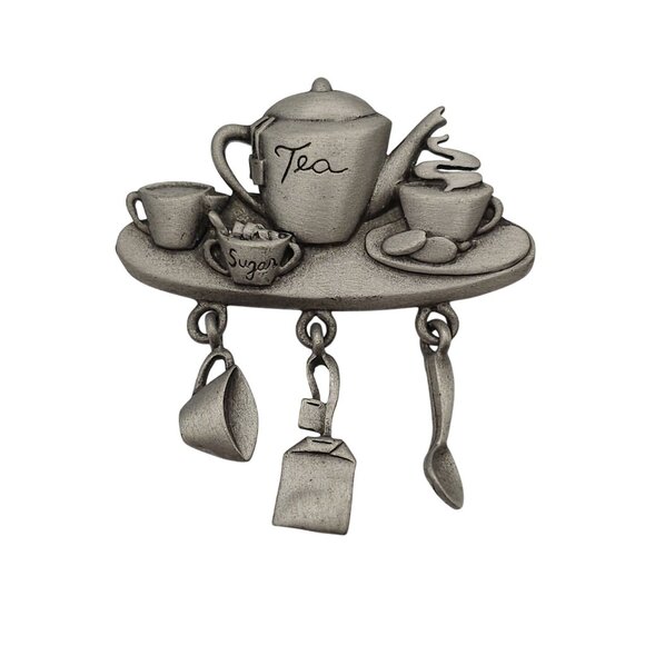 Vtg Brooch Pin Set of 2 Tea & Garden Theme Dangle Butterflies Basket Picnic - Picture 6 of 15